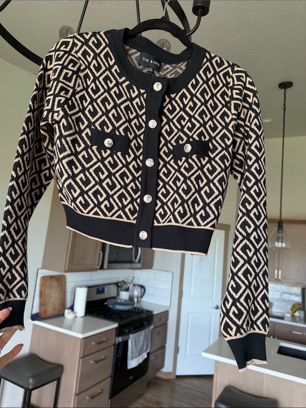Black & Cream Geometric Knit Cardigan Sweater